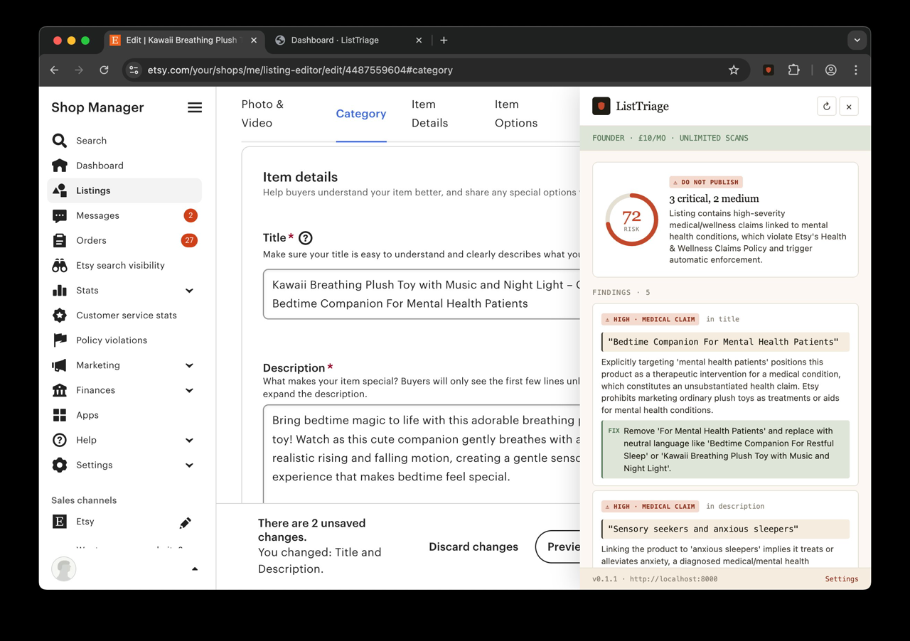 ListTriage extension showing 5 findings on an Etsy listing with medical claim issues